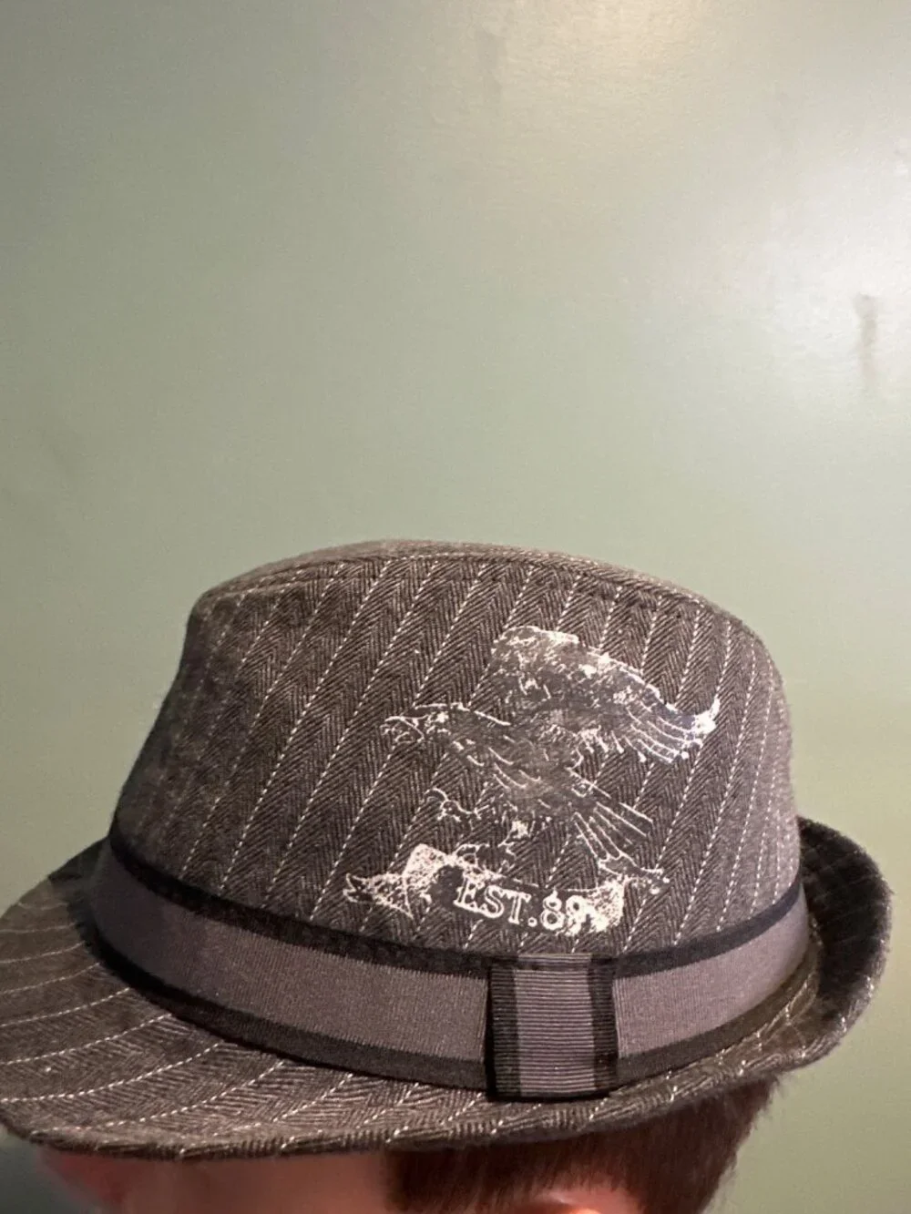 Peace Est. 1989 Kids Gray Herringbone Fedora Trilby Hat Youth M 7-1/8 Eagle